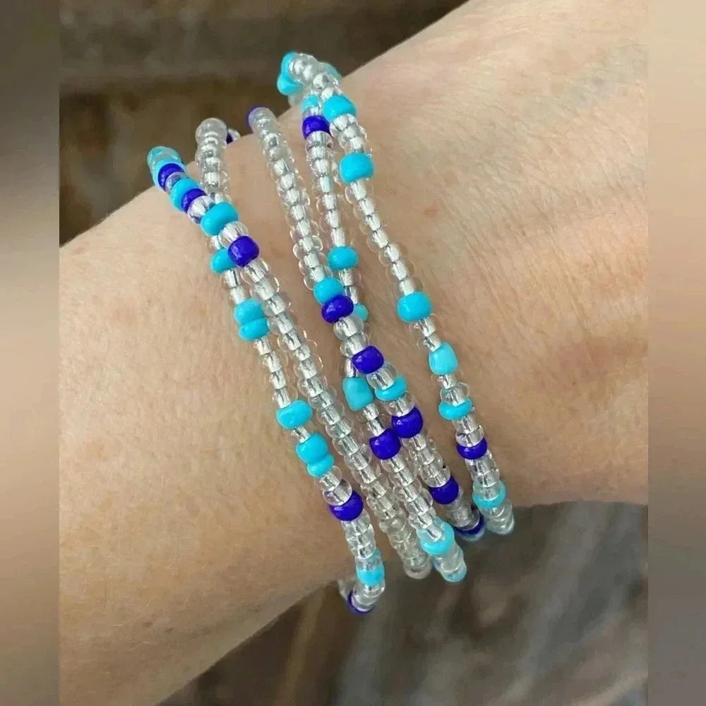 Blue Turquoise & Silver Africa Style Seed Bead Waist Beads Stretch Bracelet